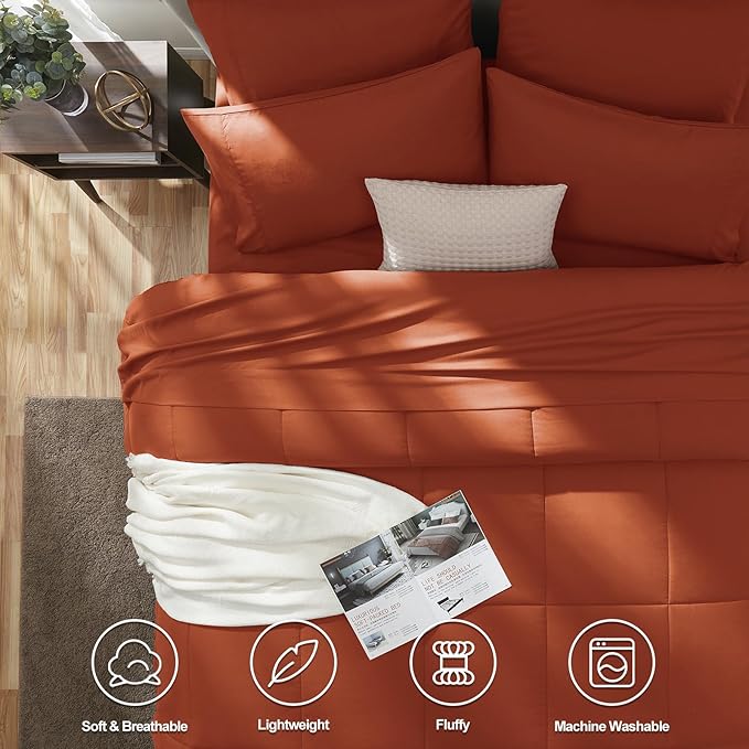 CozyLux Queen Size Comforter Set - 7 Pieces Bed in a Bag Set Burnt Orange, Bedding Sets Queen with All Season Quilted Comforter, Flat Sheet, Fitted Sheet, Pillowcases, Terracotta, Queen - LeafyLoom