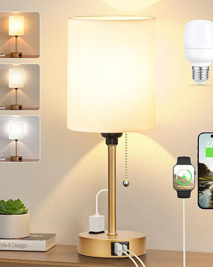 Dicoool Small Bedside Lamps 3 Color Modes - 2700K 3500K 5000K Bedroom Lamps with USB C and A Ports, Pull Chain Gold Table Lamps with AC Outlet, Nightstand Lamps with Gold Metal Base for Kids Reading - LeafyLoom