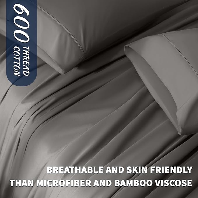 Shilucheng 100% Cotton King Size Sheets Set - 600 Thread Count，Luxury Egyptian Cotton Bed Sheets，5-Star Hotel Quality Sheets, Breathable & Cooling, 16 Inch Deep Pocket - 4 Piece (Dark Grey, King) - LeafyLoom