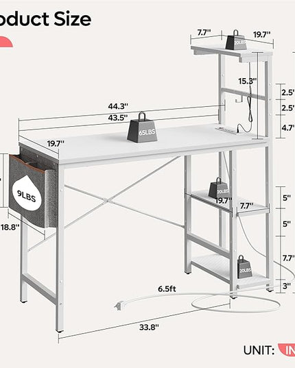 Bestier Gaming Desk with Power Outlets, 44 Inch Led Gamer Desk with 4 Tiers Reversible Shelves, PC Gaming Table with Headset Hook & Side Storage Bag for Bedroom (White 3D Carbon Fiber) - LeafyLoom
