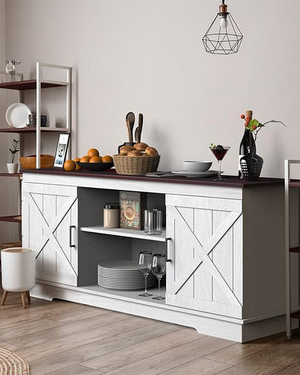 YITAHOME Buffet Cabinet, 59" Farmhouse Sideboard Buffet Storage Cabinet with Barn Door, Coffee Bar Cabinet with Capacity 300 lbs for Home Dinning Living Room, Grey White/Espresso, 26" Height - LeafyLoom