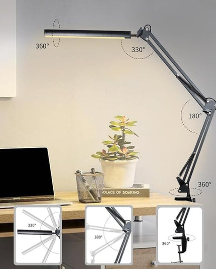 Adjustable Swing Arm Desk Lamp with Clamp, LED Desk Lamp,Dimmable Desk Light, 3 Colors 10 Brightness Adjustable Flexible Gooseneck, Architect Task Lamp for Home Office - LeafyLoom