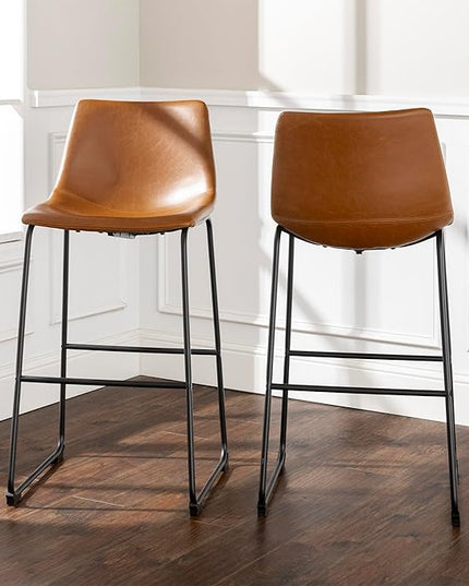 Walker Edison Douglas Urban Industrial Faux Leather Armless Dining Chairs, Set of 2, Whiskey Brown & Douglas Urban Industrial Faux Leather Armless Lounge Kitchen Bar Chairs, Set of 2, Whiskey Brown - LeafyLoom