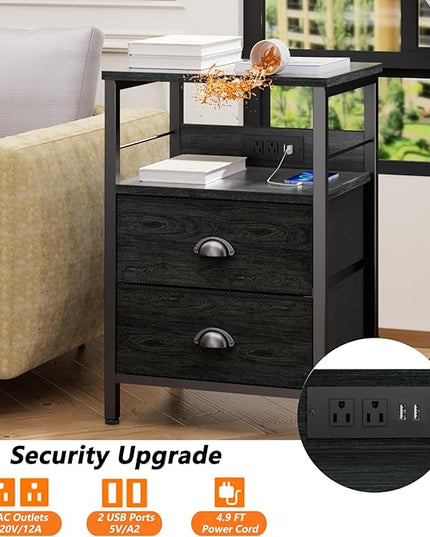 Furologee Nightstand Set of 2, Black Oak, with Charging Station and USB Ports, Side Tables with 2 Fabric Drawers, Bedside Tables with Storage Shelf & Hooks, for Living Room/Bedroom - LeafyLoom