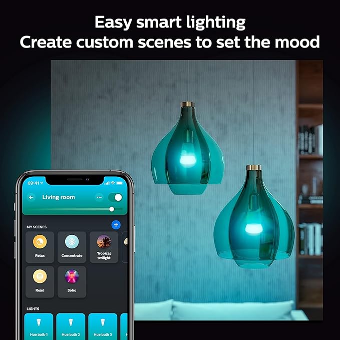 Philips Hue Smart Light Starter Kit - Includes (1) Bridge and (4) 75W A19 E26 LED Smart White and Color Ambiance Bulbs - Control with App - Compatible with Alexa, Google Assistant, and Apple HomeKit PhilipsHue