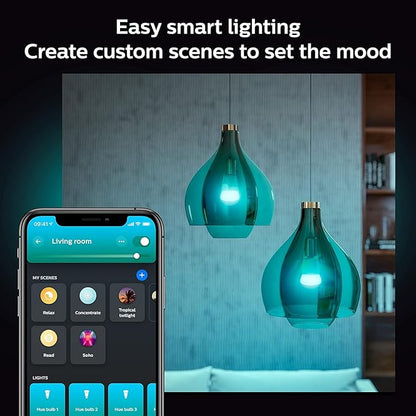Philips Hue Smart Light Starter Kit - Includes (1) Bridge and (4) 75W A19 E26 LED Smart White and Color Ambiance Bulbs - Control with App - Compatible with Alexa, Google Assistant, and Apple HomeKit PhilipsHue