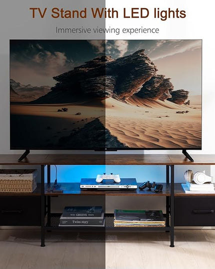 TV Stand for 50/55/60/65 inch TV, LED Entertainment Center with Charging Station, Long TV Table with Storage Drawer and Shelf, TV Console for Living Room Bedroom, Rustic Brown, HTS062BR - LeafyLoom