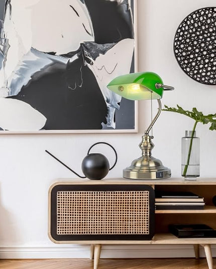 FIRVRE Green Glass Bankers Lamp, Retro Lamp with USB and Type C Charging Ports, Pull Chain Switch Desk Lamp with Brass Base, Vintage Desk Lamp for Home Office Workplace Study Room Bedroom - LeafyLoom
