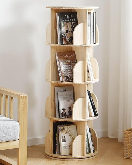 Rotating Bookshelf Tower, 4 Tier 360 Display Spinning Bookshelf, Solid Wood Narrow Book Shelf Organizer for Kid Adult, Corner Floor Standing Bookcase for Bedroom, Living Room, Study Room, Small Space - LeafyLoom