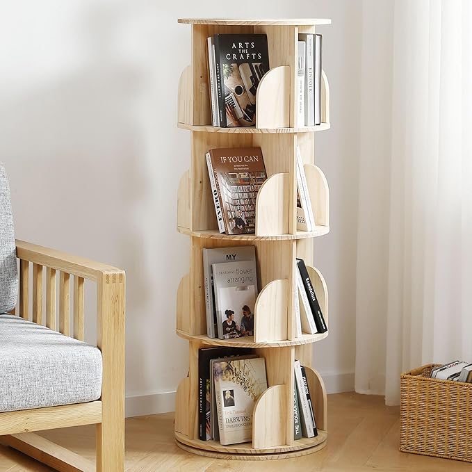 Rotating Bookshelf Tower, 4 Tier 360 Display Spinning Bookshelf, Solid Wood Narrow Book Shelf Organizer for Kid Adult, Corner Floor Standing Bookcase for Bedroom, Living Room, Study Room, Small Space - LeafyLoom