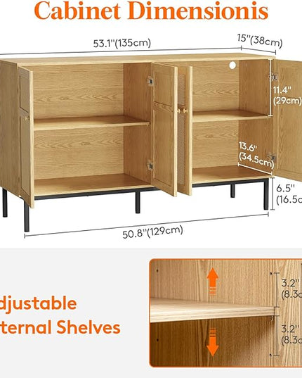 Lifewit Rattan Sideboard Buffet Cabinet, Console Table, Credenza, Storage Cabinet, Coffee Bar Cabinet for Kitchen, Dining Room, Living Room, Entryway, 4 Doors, Natural - LeafyLoom
