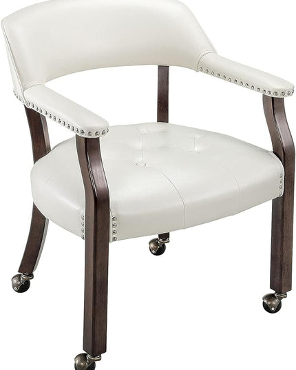 Large Dining Chairs with Casters and Arms, Rolling Dining Chairs with Wheels, Accent Solid Wood Boss Caption's Chairs, 26" D x 25.2" W x 31.5" H, Espresso Legs & Ivory PU SY-318-WT - LeafyLoom