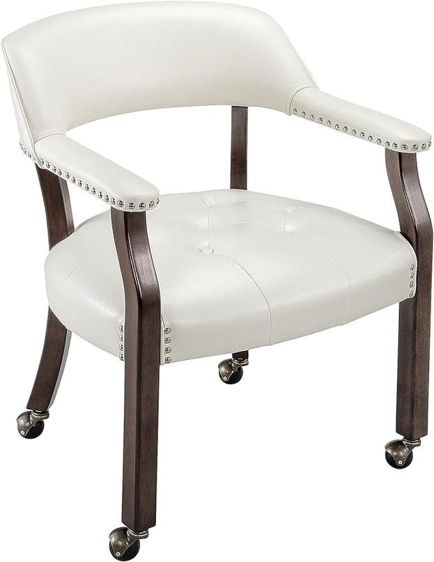 Large Dining Chairs with Casters and Arms, Rolling Dining Chairs with Wheels, Accent Solid Wood Boss Caption's Chairs, 26" D x 25.2" W x 31.5" H, Espresso Legs & Ivory PU SY-318-WT - LeafyLoom