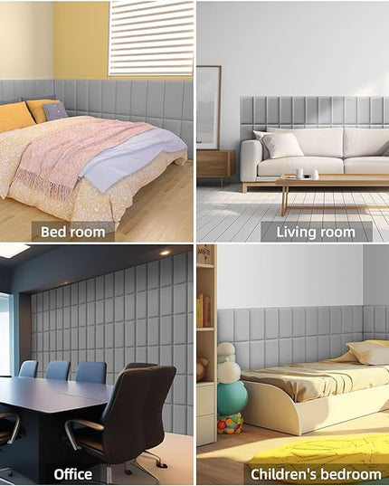 Peel and Stick Headboard Grey Upholstered Wall Panels, 4 Panels Sized 7.8" x 15.7", 3D Anti-Collision Soundproof Self-Adhesive Wall Panel for Bedroom，Living Room - LeafyLoom
