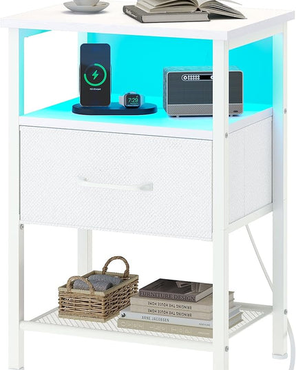 Night Stand, End Table with Charging Station, LED Bedside Table with Fabric Drawer for Bedroom, 3-Tier Side Table with Open Shelf, White - LeafyLoom