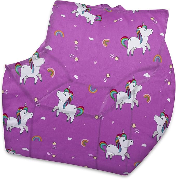 Posh Creations Structured Comfy Bean Bag Chair for Gaming, Reading, and Watching TV, Newport Chair, Canvas - Unicorn and Rainbows on Purple - LeafyLoom