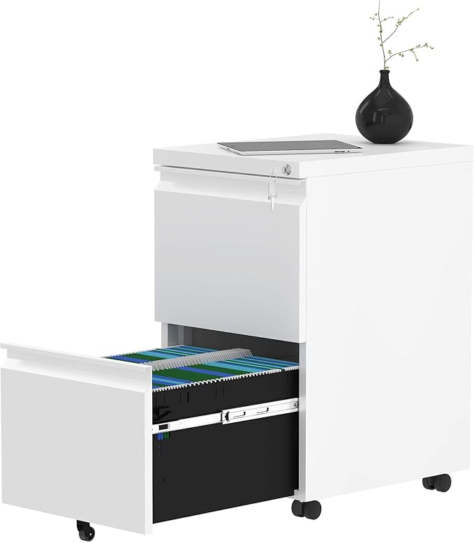 YITAHOME 2-Drawer Vertical File Cabinet with Lock, 20” Deep Mobile Metal Filing Cabinet for Legal/Letter Size, 20” Height Pre-Built Office Storage File Cabinet Except Wheels Under Desk - White - LeafyLoom