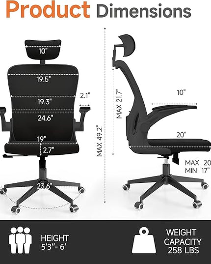Black Office Chair, Ergonomic Office Chair, Home Office Desk Chair for Big and Tall People, Computer Chair with Adjustable Headrest, Lumbar Support, Flip-Up Arms, PU Wheels - LeafyLoom