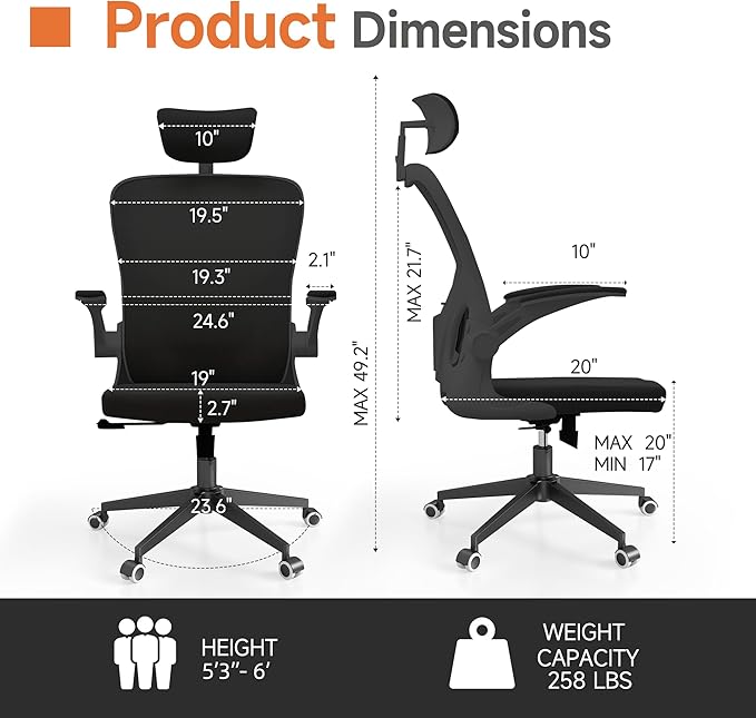 Black Office Chair, Ergonomic Office Chair, Home Office Desk Chair for Big and Tall People, Computer Chair with Adjustable Headrest, Lumbar Support, Flip-Up Arms, PU Wheels - LeafyLoom