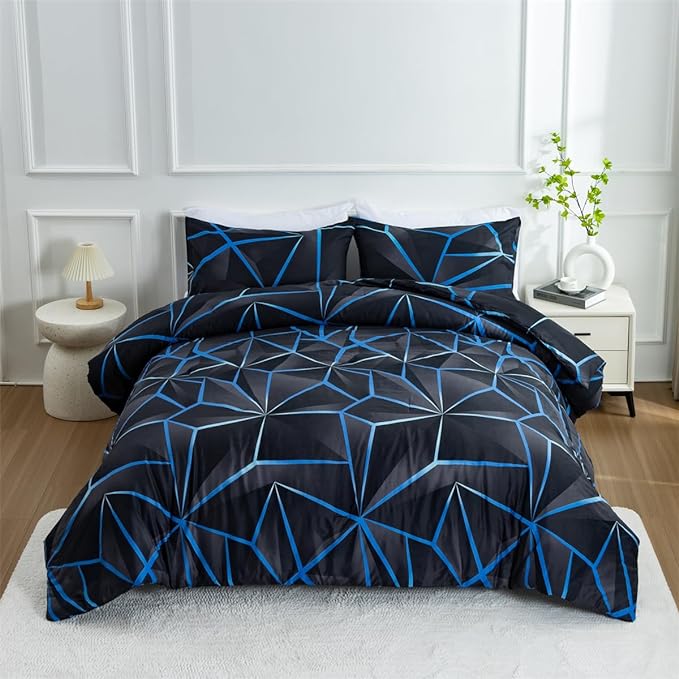NTBED 3D Geometric Comforter Set for Boys Kids, Irregular Diamond Pattern Lightweight Microfiber Bedding Sets All Season (Dark Blue, Twin) - LeafyLoom