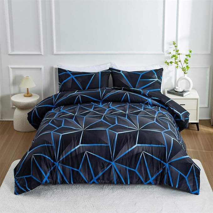 NTBED 3D Geometric Comforter Set for Boys Kids, Irregular Diamond Pattern Lightweight Microfiber Bedding Sets All Season (Dark Blue,Full) - LeafyLoom
