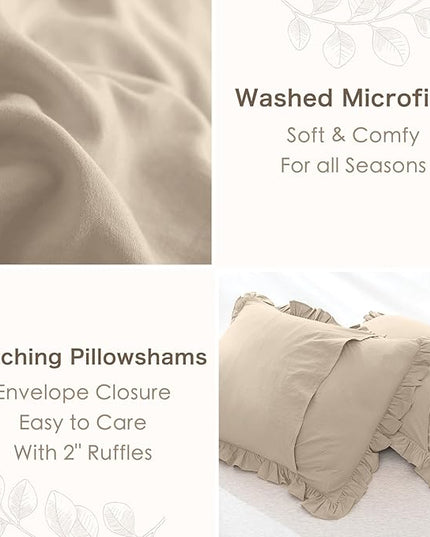 Farmhouse King Size Comforter Set,Shabby Boho Chic Bedding Ruffled Linen Feel Textured King Bed Comforter Vintage Rustic French Country Bedding Sets 3 Pieces - LeafyLoom