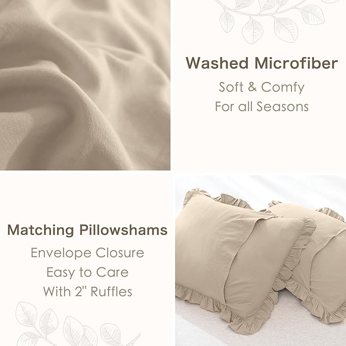Farmhouse King Size Comforter Set,Shabby Boho Chic Bedding Ruffled Linen Feel Textured King Bed Comforter Vintage Rustic French Country Bedding Sets 3 Pieces - LeafyLoom