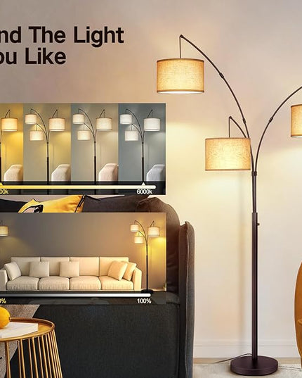 OUTON Floor Lamp with Remote Control, Modern Bright Lamps for Living Room, Adjustable 3-Light Tall Arched Lamp for Bedroom, Office, 2400lm Mid Century Design with Hanging Shade - LeafyLoom