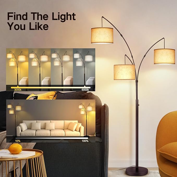 OUTON Floor Lamp with Remote Control, Modern Bright Lamps for Living Room, Adjustable 3-Light Tall Arched Lamp for Bedroom, Office, 2400lm Mid Century Design with Hanging Shade - LeafyLoom