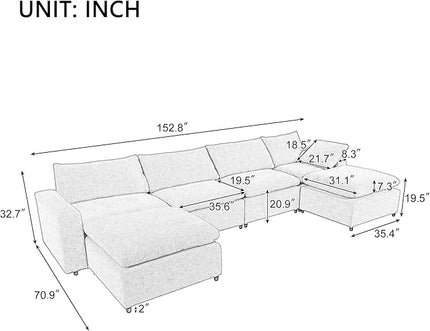 152" Oversized Modular U-Shape, Filled Upholstered Sectional Set with 2 Large Removable Ottomans Customizable Sleeper Chaise Lounge,Sofas & Couches(6-Seater), Light Gray - LeafyLoom