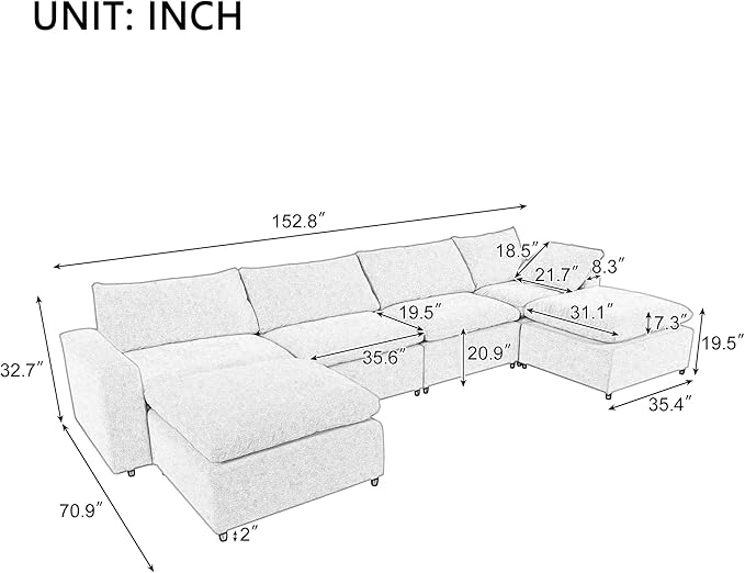 152" Oversized Modular U-Shape, Filled Upholstered Sectional Set with 2 Large Removable Ottomans Customizable Sleeper Chaise Lounge,Sofas & Couches(6-Seater), Light Gray - LeafyLoom