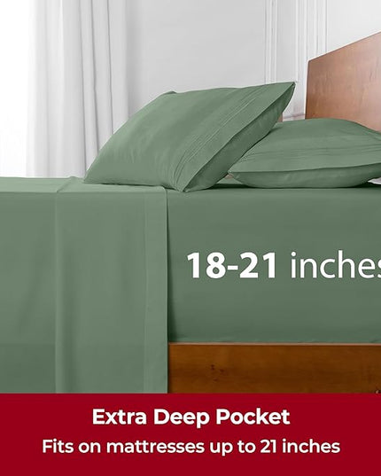 Mellanni Extra Deep California King Sheets - 4 PC Iconic Collection Bedding Sheets & Pillowcases - Hotel Luxury, Ultra Soft, Cooling Bed Sheets - Extra Deep Pocket up to 21 inch (Cal King, Sage) - LeafyLoom