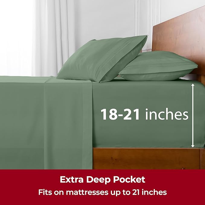 Mellanni Extra Deep Full Sheets - 4 PC Iconic Collection Bedding Sheets & Pillowcases - Hotel Luxury, Ultra Soft, Cooling Bed Sheets - Extra Deep Pocket up to 21 inch (Full, Sage) - LeafyLoom