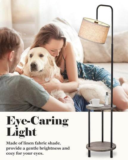 ELYONA Rubber Wood Floor Lamp - Rustic Side Table Lamp for Bedroom & Living Room - Mid Century Modern Floor Lamp with End Table for Farmhouse - Industrial Tall Pole Reading Standing Light - Grey - LeafyLoom