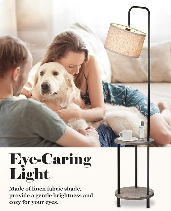 ELYONA Rubber Wood Floor Lamp - Rustic Side Table Lamp for Bedroom & Living Room - Mid Century Modern Floor Lamp with End Table for Farmhouse - Industrial Tall Pole Reading Standing Light - Grey - LeafyLoom