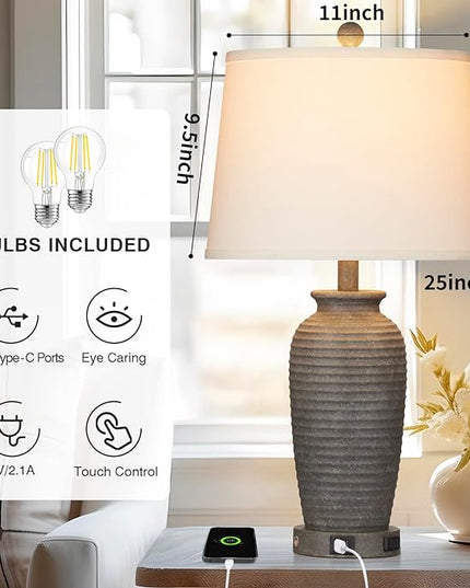 25" Farmhouse Jar Table Lamps Set of 2, 3 Way Touch Control Rustic Bedside Lamps with USB A+C Ports & AC Outlet, Pot Nightstand Lamps for Bedroom Living Room (LED Bulbs Included) - LeafyLoom