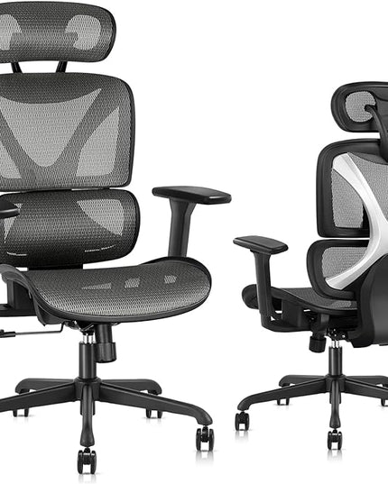 GABRYLLY Ergonomic Office Chair, Mesh Desk Chair with Lumbar Support, Adjustable 3D Arms, Reclining, Headrest & Large Seat - Big and Tall Ergonomic Chair for Home Office Work(Grey) - LeafyLoom