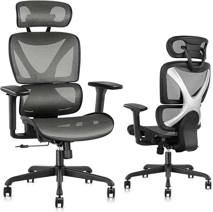 GABRYLLY Ergonomic Office Chair, Mesh Desk Chair with Lumbar Support, Adjustable 3D Arms, Reclining, Headrest & Large Seat - Big and Tall Ergonomic Chair for Home Office Work(Grey) - LeafyLoom