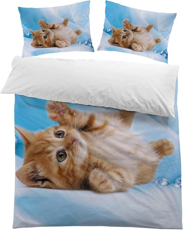 Cat Comforter Set Queen Size for Kids Blue Cat 3Pcs Bedding Set for boys and Girls (1Summer Comforter+ 2 Pillowcases) Lovely Animal Pets Duvet Set - LeafyLoom