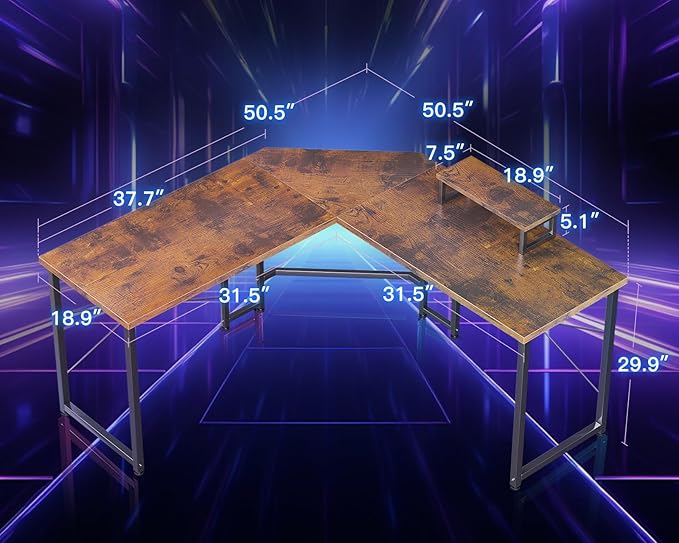 Casaottima L Shaped Gaming Desk with Monitor Stand, Corner Desk Gaming Table for Home Office, Computer Desk Sturdy Writing Workstation for Small Space, 51 inch, Rustic Brown - LeafyLoom