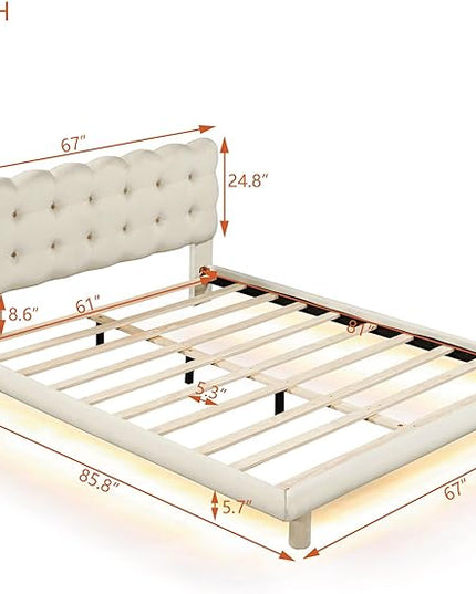 RITSU Queen Size Velvet Fabric Platform Bed, Solid Wood Bedframe with LED, Button Tufted Headboard, includes 16 Colors Lights Can Remote Control, No Box Spring Needed, Beige - LeafyLoom