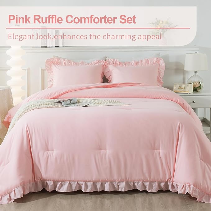 Andency Pink Comforter Set Full, 3 Pieces Lightweight Soft Rustic Pink Ruffle Comforter Women Girls, Solid Farmhouse Shabby Chic Microfiber Bedding Comforter Set - LeafyLoom