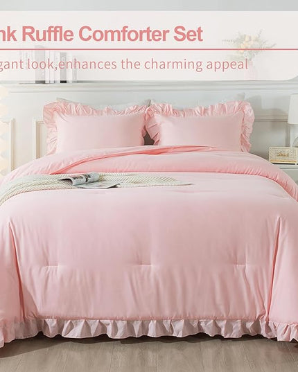 Andency Pink Comforter Set Queen Size, 3 Pieces Solid Pink Ruffle Shabby Chic Comforter Set for Queen Bed, All Season Vintage Rustic Soft Microfiber Bedding Set for Women Girls - LeafyLoom