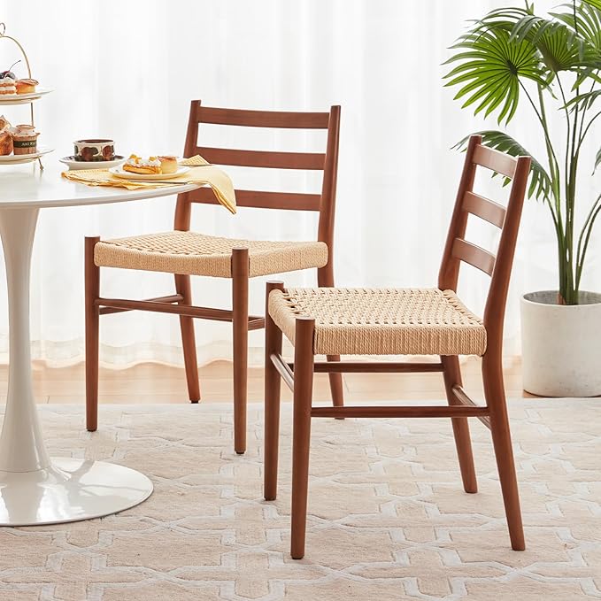 STARY Wood Rattan Dining Room Chairs Set of 2 with Comfortable Woven Seat, Fully Assembled, Walnut - Set of 4 - LeafyLoom