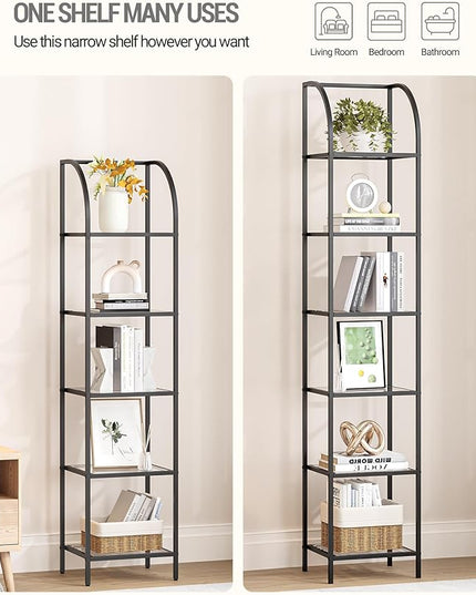 Bookcase Bookshelf, Tempered Glass Arched Bookshelf for More Storage, Slim Shelving Unit for Bedroom, Bathroom, Home Office, Steel Frame, 5 Tier Black BC20599B - LeafyLoom
