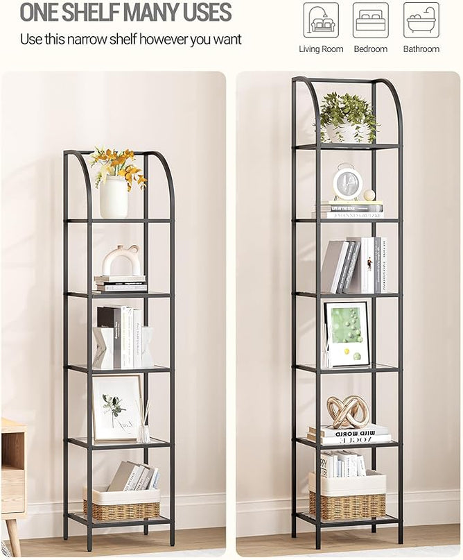 Bookcase Bookshelf, Tempered Glass Arched Bookshelf for More Storage, Slim Shelving Unit for Bedroom, Bathroom, Home Office, Steel Frame, 5 Tier Black BC20599B - LeafyLoom