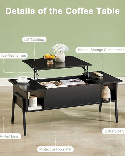 VECELO Wood Lift Top Coffee Table with Hidden Compartment and Storage Shelf for Living Room/Office Reception, Rising Tabletop, Brown, Large, Black - LeafyLoom
