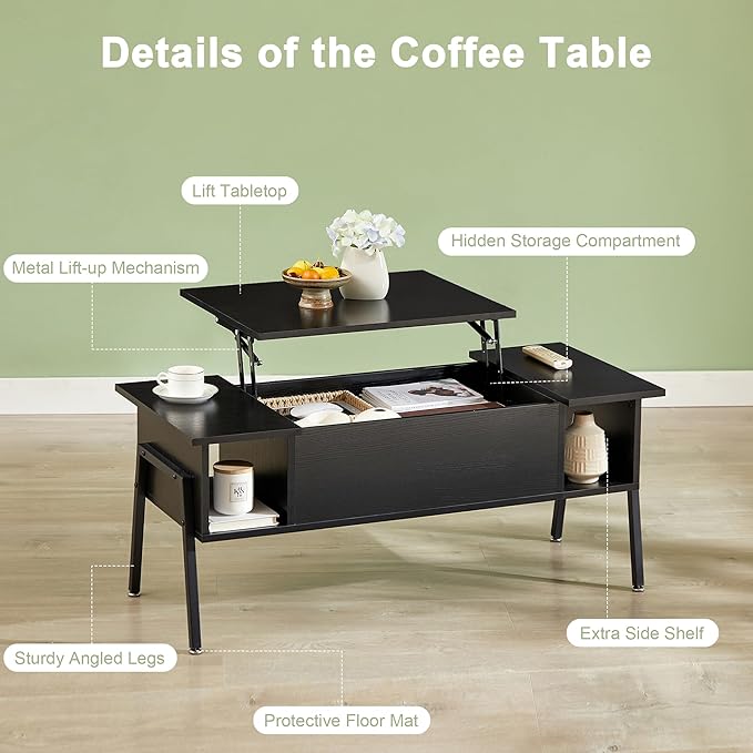 VECELO Wood Lift Top Coffee Table with Hidden Compartment and Storage Shelf for Living Room/Office Reception, Rising Tabletop, Brown, Large, Black - LeafyLoom