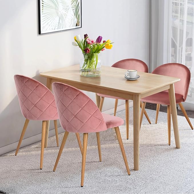 FurnitureR Upholstered Velvet Dining Chair Mid Back Armless with Wood Legs for Home Kitchen Bedroom Living Room, Set of 1, Pink - LeafyLoom