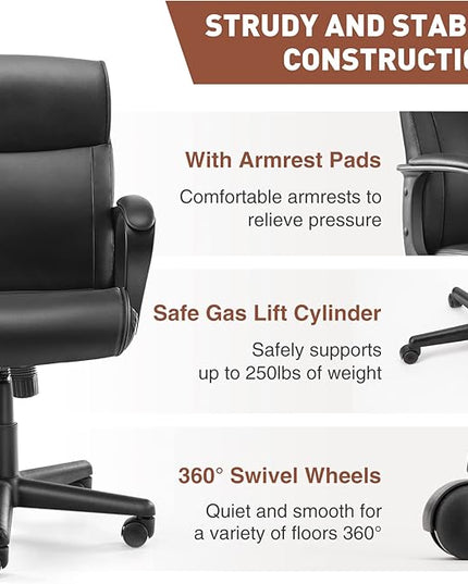 Office Chair - Mid-Back Computer Desk Chair with Armrests, Height Adjustable Home Chair, 360-Degree Swivel, Lumbar Support, PU Leather, Black, Modern - LeafyLoom